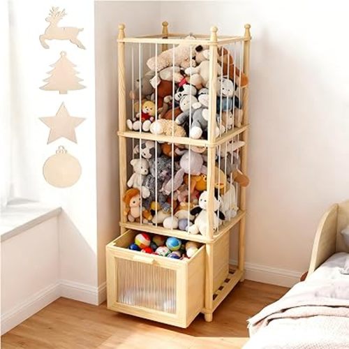 Stuffed Animal Storage With Clear View Drawer-Stuffed Animal Zoo Organizer for Nursery&Playroom,Holder for Plush Toys,Balls,Blocks,Incl.Christmas Themed DIY Wooden Decor