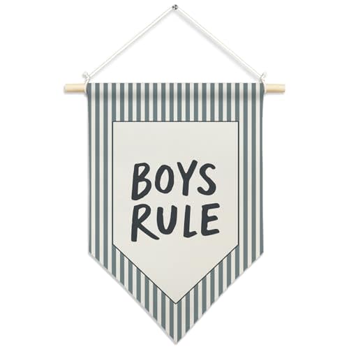 CUANFDDSF Boys Room Wall Art, Boy Nursery Wall Decor Hanging Pennant Flag, Boys Rule Blue Striped Canvas Banner Decorations for Home Kids Toddler Baby Boy Nursery Room Bedroom Playroom Decor, 11x15 Inch