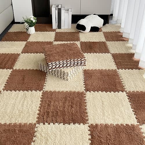 12pcs Carpet Squares Puzzle Floor Mat, Plush Interlocking Carpet Tiles, Anti Slip EVA Foam Jigsaw Floor Tiles, Build A Safe Area for Bedroom Playroom (Beige+Coffee)