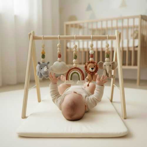 Handmade Custom Safari Baby Gym | Personalized Wooden Play Gym with Crochet Jungle Theme & Rainbow | Neutral Nursery Decor