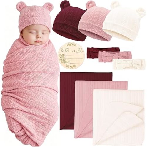 Newborn Receiving Blanket Wheat Ear Bear Ears Hat Mittens Set