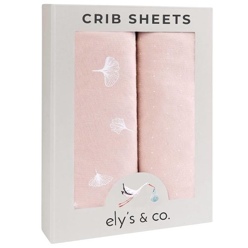 Ely’s & Co. Crib Sheet 2-Pack — Combed, 100% Jersey Cotton for Baby Girl — Rosewater Pink, Pin Dots & Gingko Leaves 52” x 28”
