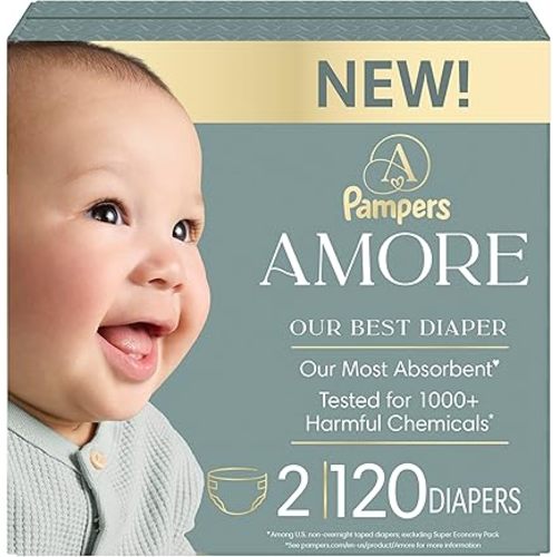 Pampers Amore, Size 2 (10-22 lbs), 120 Count, Our Best Diaper – Hypoallergenic & Fragrance Free, Up to 100% Leakproof, Soft as Cashmere