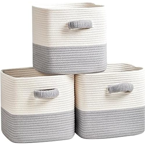 Storage Cube Baskets for Organizing- 3 Pack- 11 inch Square Baskets for Cube Storage, Closet Storage Bins- Woven Cube Storage Bins for Shelves- Ideal for Toy Storage |White & Grey