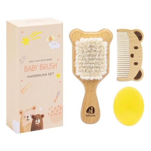 Baby Hair Brush and Comb Set for Newborns & Toddlers - Wooden Handle and Natural Soft Goat Bristles,Gentle Cradle Cap Care,Baby Massage and Scalp Brush,Ideal Baby Registry Gift,Beech with Cute Bear