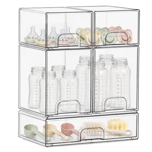 QRRICA Baby Bottle Organizer for Countertop, 5-Piece Stackable Clear Acrylic Storage with Non-Slip Pads & Handles – Large Capacity for Kitchen, Pantry, Bathroom, Vanity, Cabinet