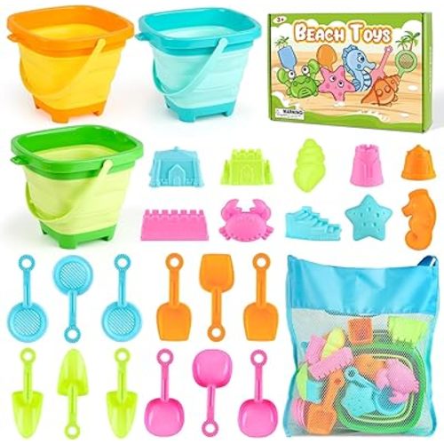 Dreamon Beach Toys for Kids 3-10, Collapsible Sand Toys Include 3 Pack Foldable Buckets, 24 PCS Beach Mold and Shovels Molds, Travel Sandbox Beach Toys for Kids Toddler with Mesh Bag