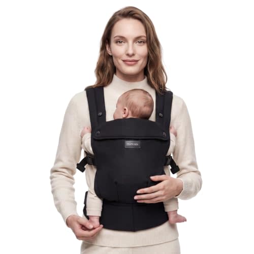 Momcozy PureHug Baby Carrier - Ergonomic, Cozy and Lightweight for 7-45 lbs | Easy to Put On for Baby 3-24M, Hip-Healthy, 3D EVA Lumbar Support, X-Straps for Even Weight Distribution, 100% Cotton, Black
