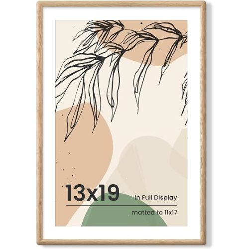 13x19 Oak Frame - Rounded Corner 13 x 19 Picture Frame Matted to 11x17 - Natural Oak Wood 19x13 Frame with Tempered Glass for Wall Mount Display