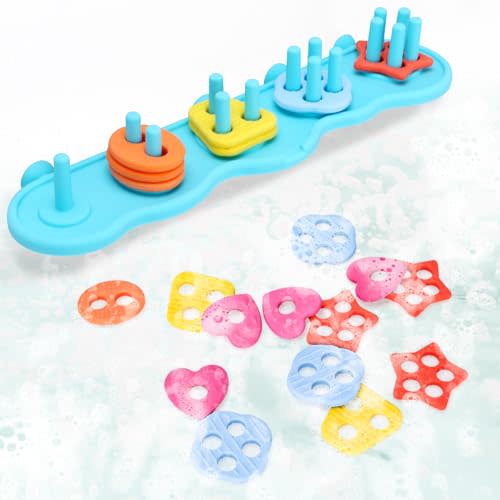Baby Bath Toys, Mold Free Silcone Shape Sorting & Stacking Bath Toy Set with 20 Textured Floating Pieces, No Hole Design, Silicone Color & Shape Sorter for Toddler Early Learning Bathtub Fun