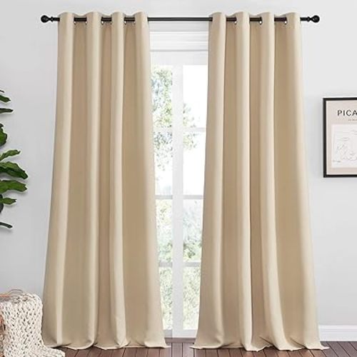 NICETOWN Bedroom Room Darkening Curtains - Triple Weave Microfiber Grommet Top Thermal Insulated Solid Panels/Drapes for Kid's Room (Biscotti Beige, 1 Pair, 55 inches by 90 Inch)