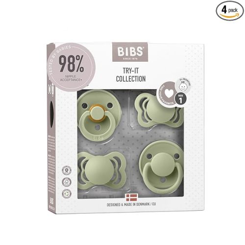 BIBS Try-It Collection | 4-Pack Soothers | BPA-Free Round, Anatomical & Symmetrical Nipple | Natural Rubber Latex/Silicone | Made in Denmark | 0-6 Months | Sage