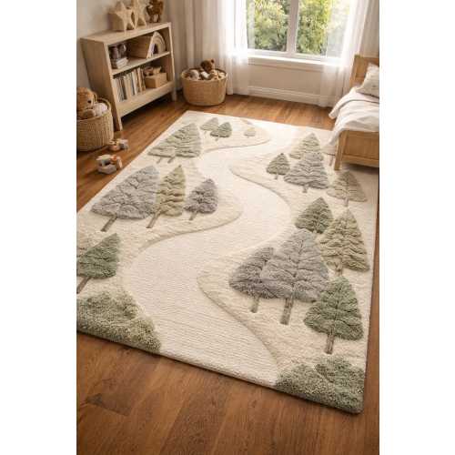 Hand Tufted Forest Path Area Rug, Woodland Tree Design Carpet, Neutral Green Nature Rug for Living Room, Nursery, Bedroom, 8x10