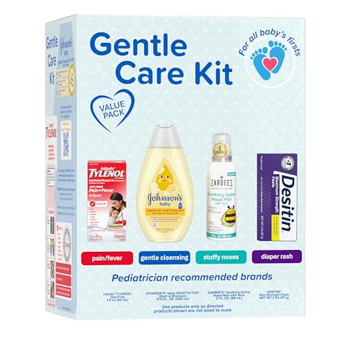 Johnson's Baby Gentle Care Kit with Infants' Tylenol Pain Reliever, Zarbee's Soothing Saline Mist, Desitin Maximum Strength Diaper Rash Ointment & Johnson's Baby Head-To-Toe Wash, 4 Items