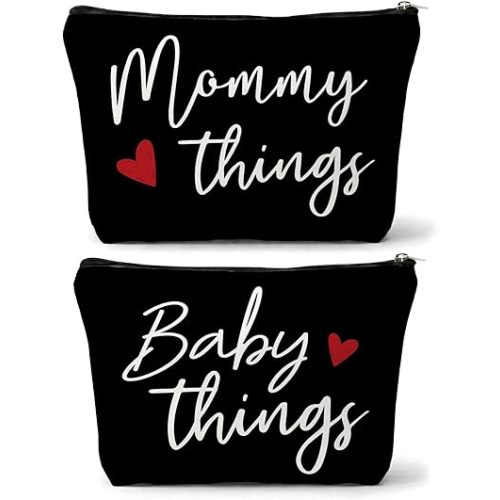 Mommy and Baby Matching Pouch Set, Mommy Things and Baby Things Bags, Gifts for New Moms Expecting Moms, Matching Travel Cases, Black Set of 2