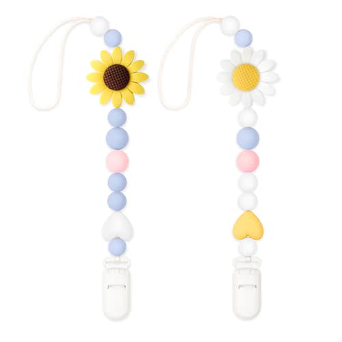 LSTRAGY Silicone Pacifier Clip, 2 Pack Pacifier Holder for Boys and Girls, Adorable Sunflower Pacifier Clips Fits for Most Pacifier, Baby Teethers, Baby Shower and Baby Gift(White&Yellow)
