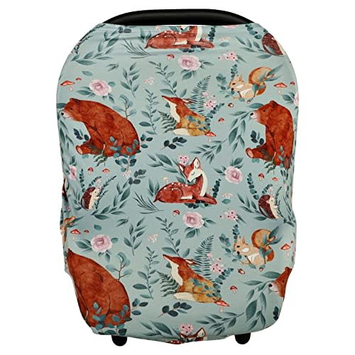 Baby Car Seat Cover, Multi-use Nursing Cover for Breastfeeding, Stretchy Stroller Cover Boys Girls, Stretchy Carseat Canopy, Soft Breathable, Woodland Animal Bear