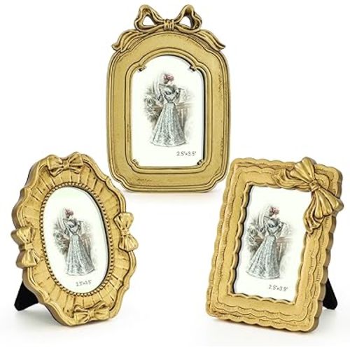 GUOER 3 Pcs Tiny Bow Picture Frames Small Vintage Picture Frames Gold Vintage Ornate Antique Resin Frame Table Top Display Frame for Home Wedding Decor(2.5 x 3.5 Inch,Gold)