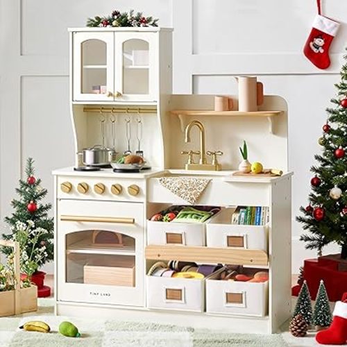 Tiny Land Play Kitchen for Kids with Enhanced Storage – Modern Toddler Kitchen Playset with Stove, Sink & Accessories, Organized Wooden Toy Kitchen, Ideal for Toddlers