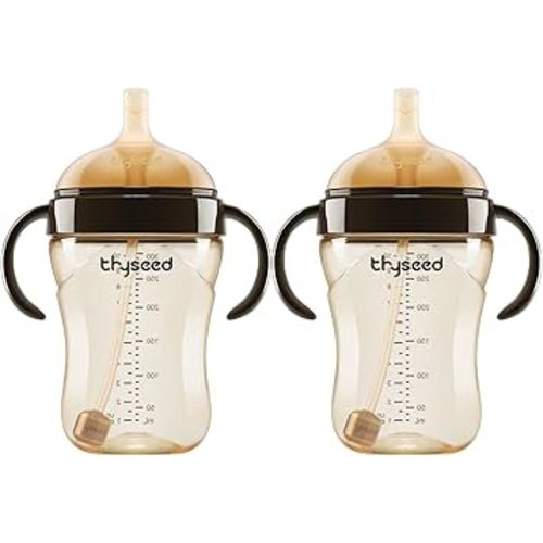 Thyseed PPSU Weighted Straw Cup with Handles Toddlers Transition Bottles to Sippy Cups No Spill Learner Milk Water Baby Bottle Soft Silicone Spout Dishwasher Safe BPA Free 6+ Months 10oz/300mL 2 Pack