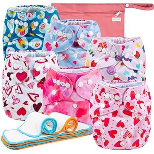 Wegreeco Cloth Diapers 6 Pack with Inserts & Wet Bag, Washable Reusable Diapers for Babies, One Size Adjustable (Colorful Summer)