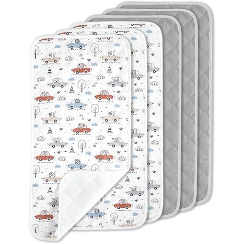 TILLYOU Waterproof Changing Pad Liners Washable 6 Pack, Reusable Cloth Diaper Liners, 13"x 27", Cars