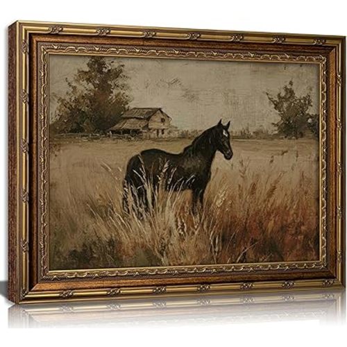 Vintage Gold Framed Horse Canvas Wall Art, Retro Rustic Farmhouse Animal Painting Picture Wall Decor, French Country Pastoral Landscape Equestrian Poster Print Artwork, for Home Living Bedroom,