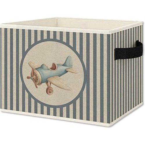 Vintage Airplane Foldable Storage Bins Box with Handles, Kids Room Decor for Boys, Neutral Blue Striped Plane Collapsible Organizer Basket for Kids Nursery Room Bedroom Playroom Toys Books