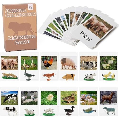 MEROCO Montessori Animal Match - Miniature Farm Animal Toy Figurines with Matching Cards Montessori Language Materials Preschool Learning Toy NEWT033