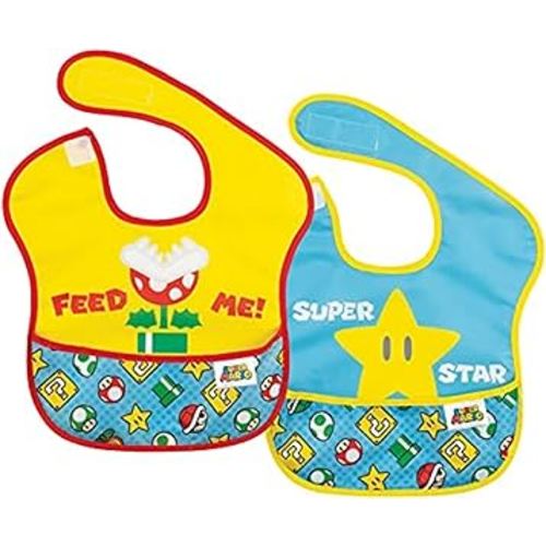 Bumkins Nintendo Bibs for Girl or Boy, SuperBib Baby and Toddler for 6-24 Months, Essential Must Have for Eating, Feeding, Baby Led Weaning, Waterproof Soft Fabric, 2-pk Super Mario Expressions
