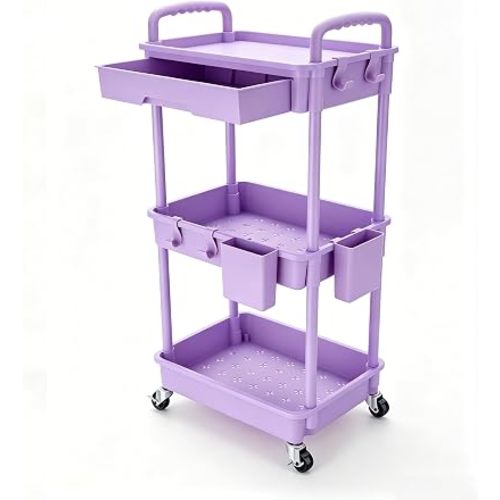 REBECAT 3 Tier Rolling Cart with Drawer, Utility Storage Cart on Wheels for Kitchen, Bathroom, Living Room,Office(Purple)