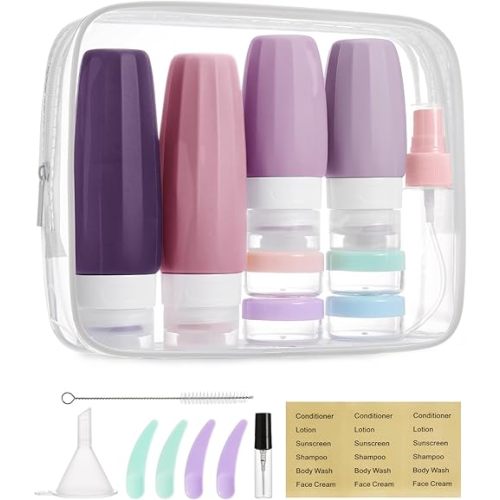 BAGSMART 18 Pack TSA Approved Travel Bottles for Toiletries, Leak Proof Silicone Travel Size Containers Bottles for Shampoo, Purple