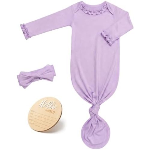 Newborn Knotted Gown for Baby Girls with Ruffle Neck & Sleeves, Newborn Sleepers Outfit with Bow Headband & Announcement Sign