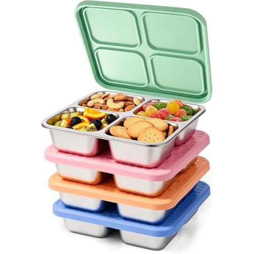4 Pack Stainless Steel Snack Containers with Silicone Lids, Leakproof Bento Snack Boxes, Reusable 4 Compartment Metal Lunch Containers, Dishwasher Safe Food Storage for Meal Prep, Work & Travel