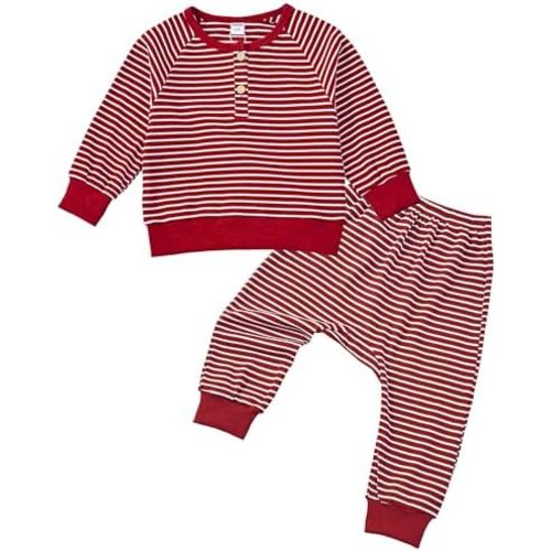 Toddler Baby Cotton Soft Cozy Stripe Long Sleeve Sweatshirt Button Top Jogger Pants Set Cute Fall Winter Clothes Set