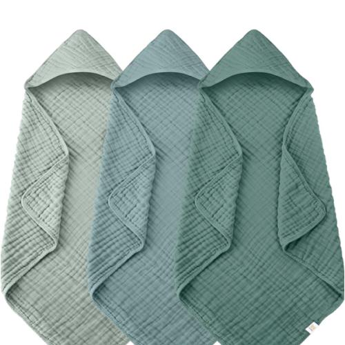 Ease Cubs 3-Pack Muslin Hooded Baby Towels, 100% Cotton, Ultra-Soft & Absorbent Baby Bath Towels with Hood for Babies, Infant, Toddler and Newbron (Emerald Series,32" x 32")