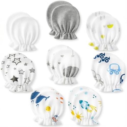 8 Pairs Newborn Baby Mittens No Scratch, Cotton Infant Baby Gloves Newborn Essentials for 0-6 Months