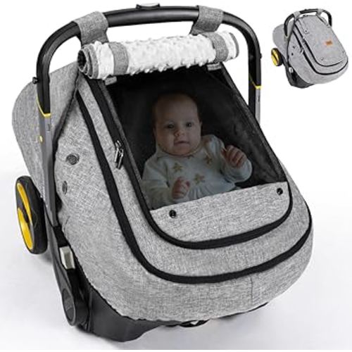 Bioby Waterproof Baby Car Seat Cover, Infant Car Seat Cover for Boy Girl, Roomy Cozy Windproof Sun Protection Baby Carseat Covers Canopy with Breathable Net and Holes, Universal Fitted Gray