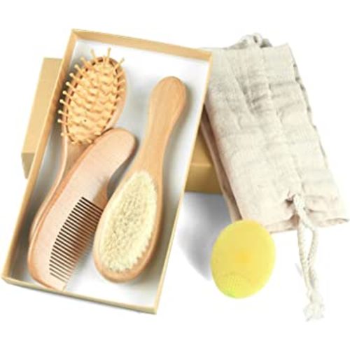 Baby Hair Brush and Comb Set (4-Piece) for Newborn - Wooden Baby Hairbrush Set，A Beechwood Brush, Baby Airbag Brush, Beech Handle Brush, and Prevent Cradle Cap Silicone Brush - Ideal Registry Gift
