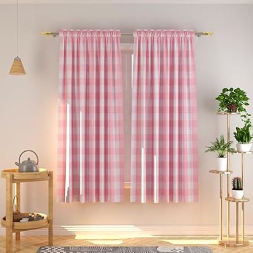 Buffalo Check Curtains 72 inches Long Cotton Basement Pink and White Gingham Plaid Kitchen Window Curtain Panels Living Room Checker Drapes Bedroom Rod Pocket Window Treatment 2 Panels