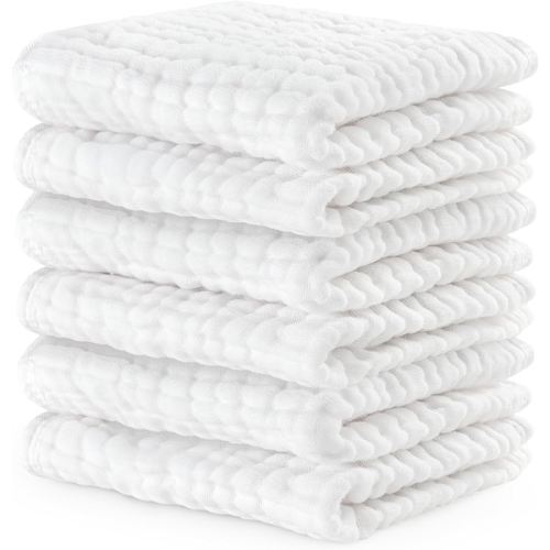 Comfy Cubs Muslin Baby Washcloths 6 Pack - Soft 6-Layer Cotton Wash Cloths for Sensitive Skin - 10"x10" Large, Gentle, Absorbent Infant Essentials for Newborn and Toddlers - White