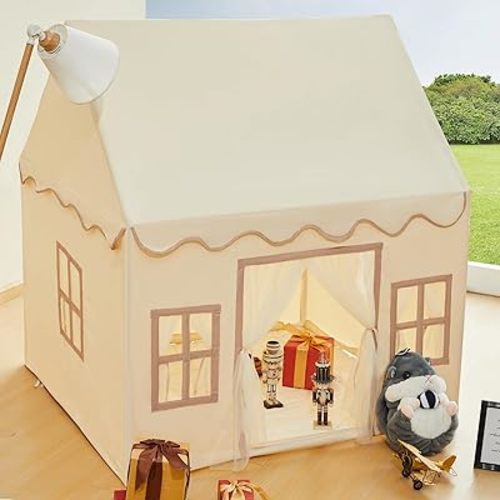 Large Kids Tent Playhouse Base Fabric with Star Lights, Flags and Tote Bags, Kids Play Tent Indoor & Outdoor, Washable Teepee Tent for Boys & Girls, Play House for Toddler, Neutral Color