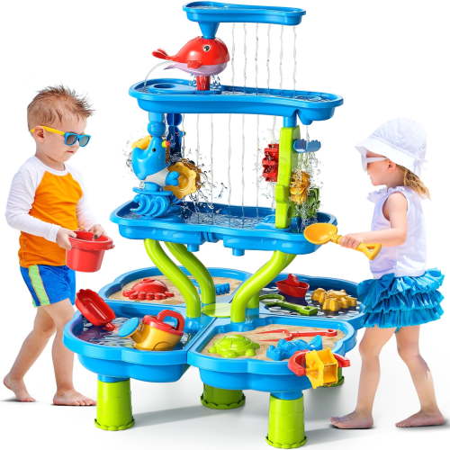 Kids Sand Water Table Toys for Toddlers 3-5, 4-Tier 4-in-1 Kids Splash Table, Water Sand Activity Tables Summer Outdoor Toys for Outside Backyard for Toddlers Age 3-5