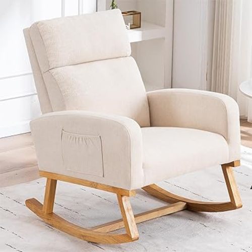 HCHAIRH Rocking Chair Nursery, Glider Rocking Chair for Nursing, Upholstered Nursery Rocker with Side Pocket and High Back for Living Room Bedroom, Beige