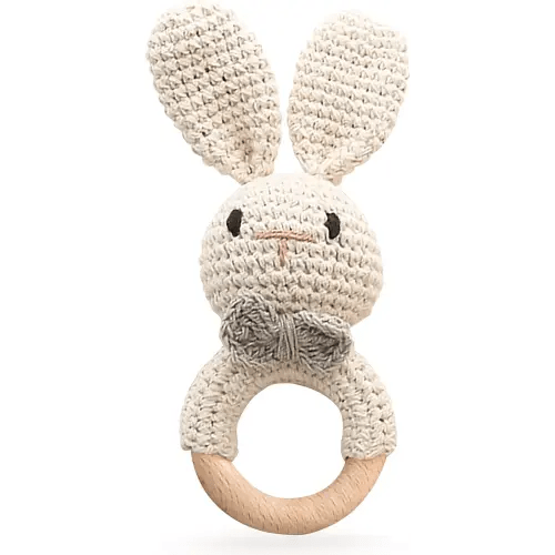 Wooden Baby Rattle, Handcrafted Crochet Bunny Rattles with Wooden Teething Ring, Beige Rabbit Newborn Toy Stuffed Animal Organic Rattle Baby Announcement Ideas Props