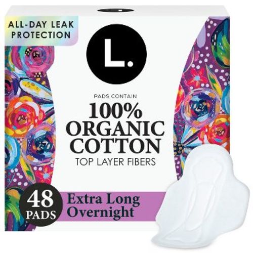 L. Organic Cotton Top Layer Ultra Thin Pads with Wings - Extra Long Overnight Absorbency - 48ct