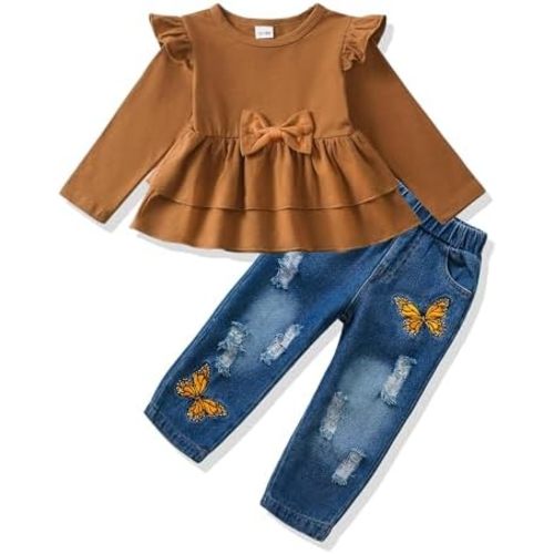 NZRVAWS Baby Girl Clothes Toddler Girl Outfits Infant Ruffle Shirt Denim Ripped Jeans Cute Clothing Set