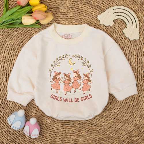 Vintage Girls Will Be Girls Witch Baby Romper, Funny Witch Vintage Bodysuit,Vintage Halloween Baby Shirt, Gift for Baby Clothes, Newborn gif