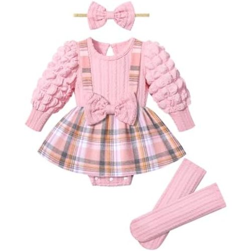 Queenstyle Baby Girl Clothes Dress Fall Winter Outfits Set Puff Sleeve Plaid Romper with Headband Stockings