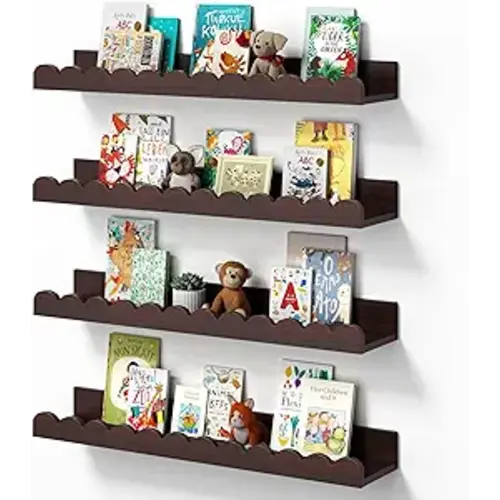 Walnut Scalloped Book Shelf, Dark Wood Nursery Book Shelves Set of 4 Pine Wooden Floating Bookshelf for Wall Cloud Picture Ledge Shelf for Kids Bedroom Baby Child Toddler Room Kitchen (40cm)